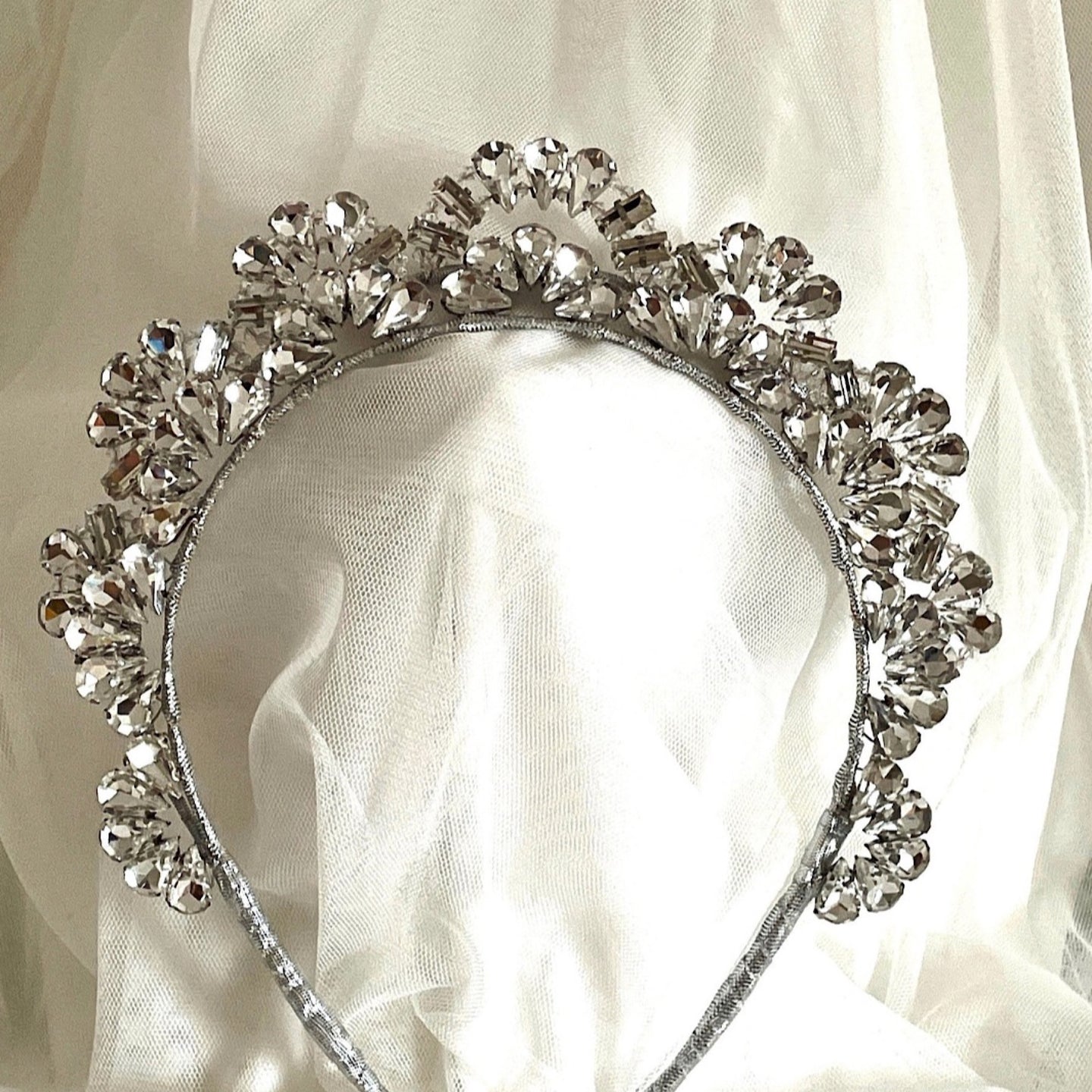 Silver Art Deco style bridal crown with baguette and pear shaped crystals